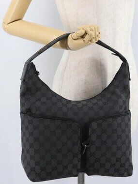 GUCCI GG Canvas Shoulder Bag Black Silver 001 3380 1705 Auth gh1864